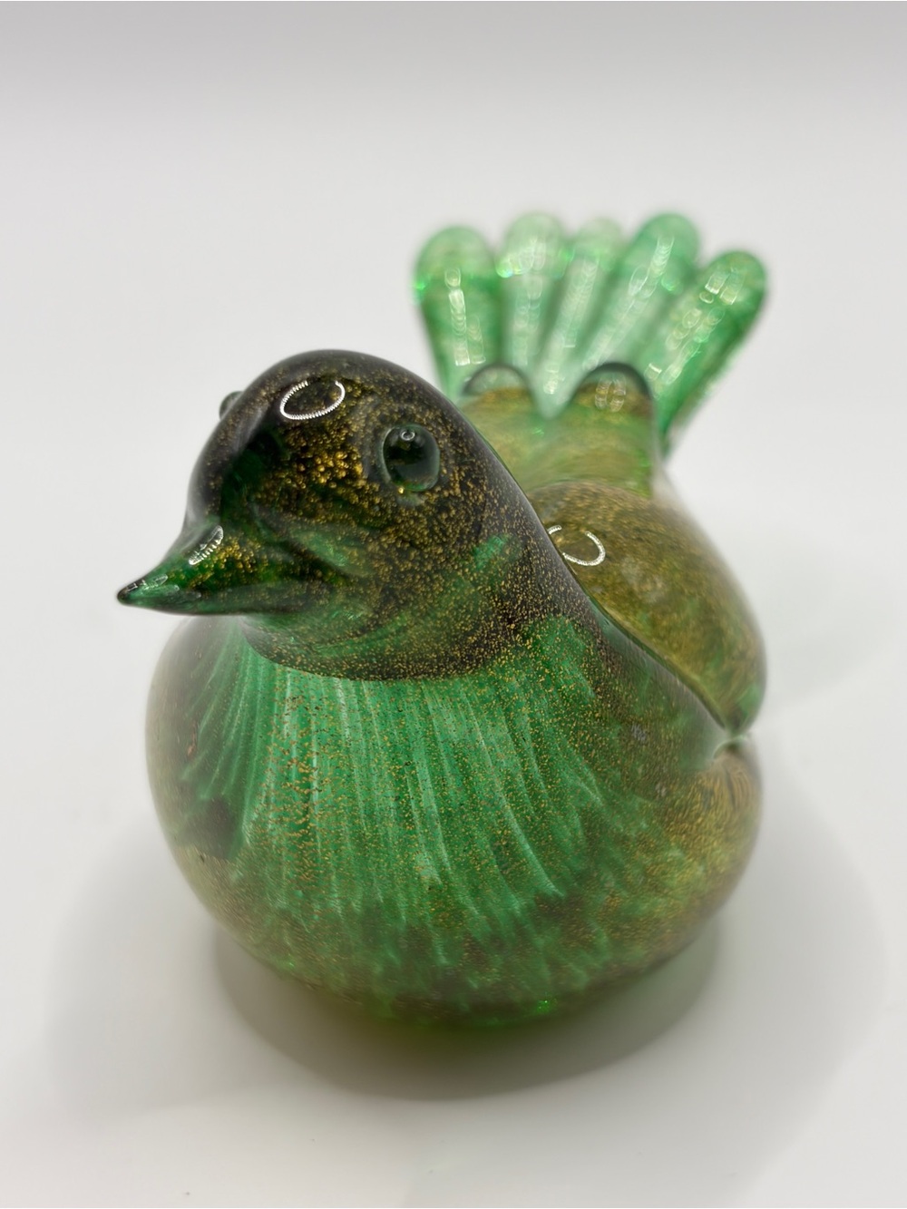 Vintage Handmade Murano Style Gold Fleck Green Art Glass Bird Figure Paperweight